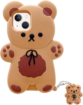 Yatchen Bear Case Compatible with iPhone 14 Pro,Kawaii Phone Cases Cute 3D Cartoon Teddy Bear with Keychain Women Girls Soft Silicone Shockproof Cover for iPhone 14 Pro