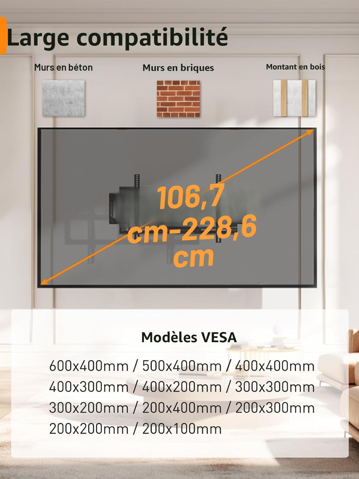 Perlegear Support Mural TV de 42 à 90 Pouce pesant jusqu'à 68KG, Support TV pré-assemblé avec Inclinaison sans Outil, Pivot, Extension, VESA Max de 600 x 400 mm