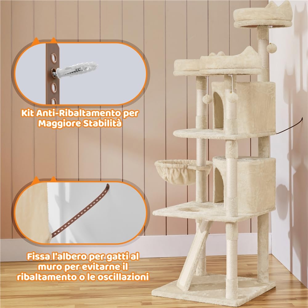 Yaheetech Albero Tiragraffi per Gatti 174 cm Gattini Giocattolo con Sisal Naturale Beige 55 x 55 x 174 cm