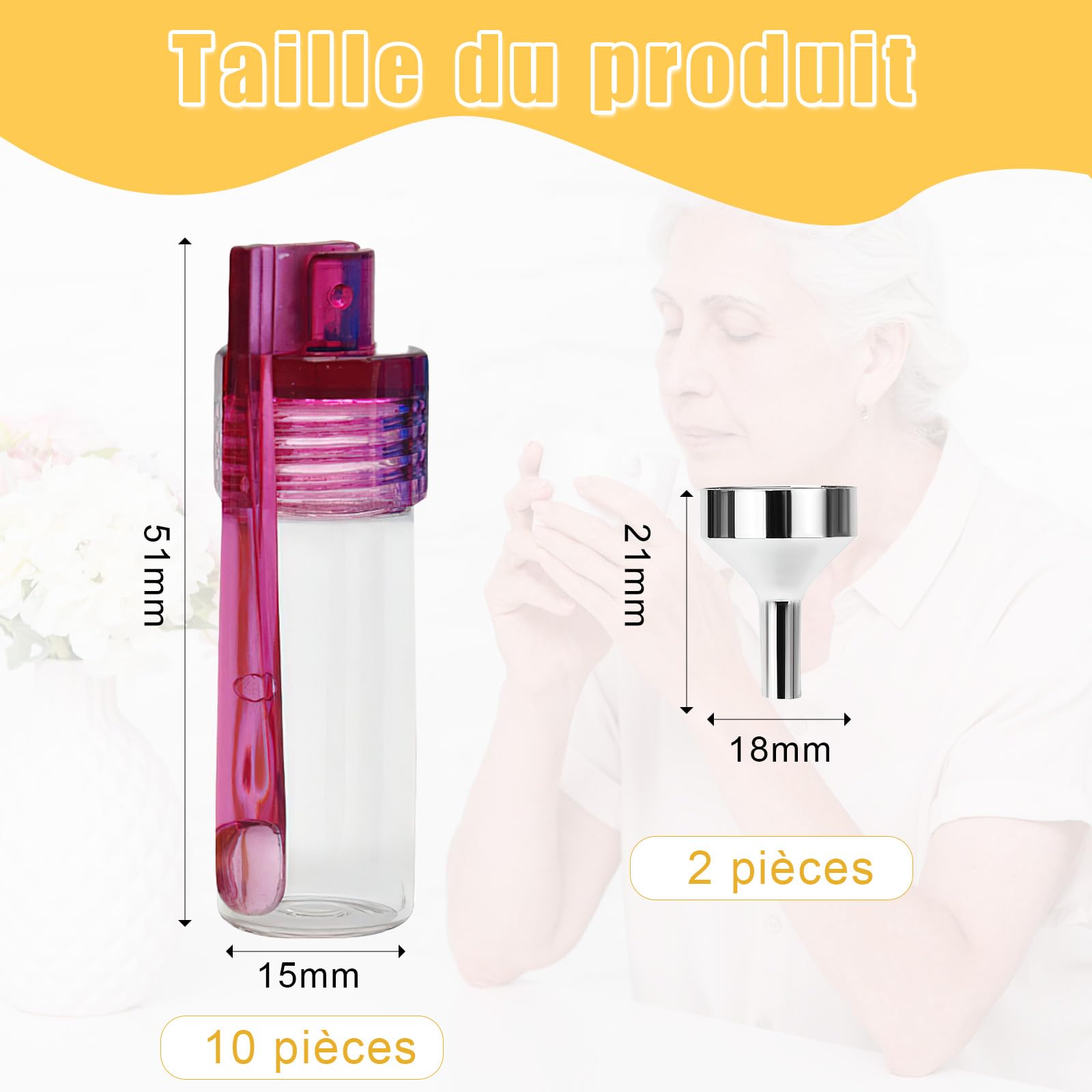 10 Pièces Flacon de Poudre à épices avec Cuillère et 2 Entonnoirs Argentés, 51mm Flacon Distributeur de Poudre, Petit Pot à Epices en Verre Adapté Au Camping et Aux Voyages (Couleur Aléaoire)