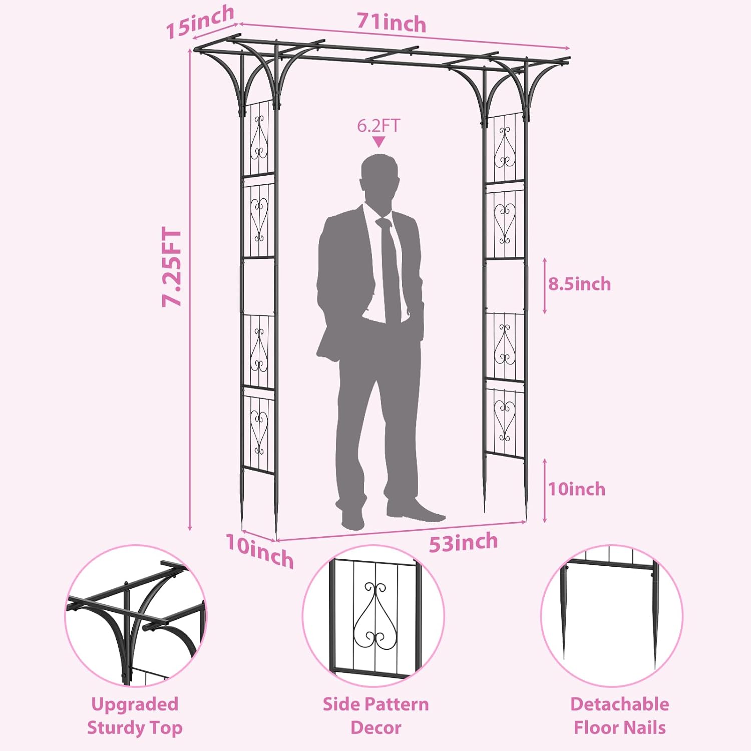 Garden Arch Trellis 7FT Wedding Arch Backdrop Stand,Metal Garden Arbor Trellis for Plant Climbing Outdoor, Plant Arch with Anchored Pile, Flower Arch Stand Balloon Decor,Archway Pergola