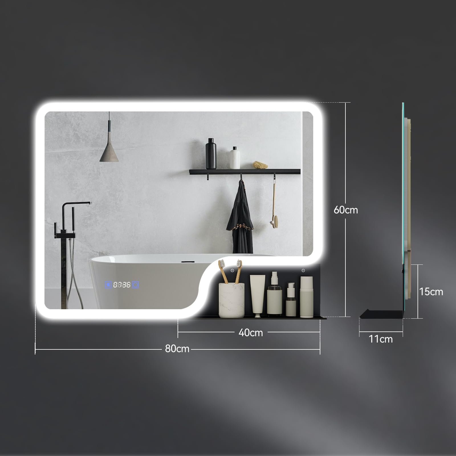 YOURLITE LED Badspiegel mit Beleuchtung und Ablage 80x60cm,Bad Spiegel Badezimmerspiegel Uhr,Wandspiegel mit Beschlagfrei,Touch-Schalter,3 Lichtfarben Dimmbar,Speicherfunktion