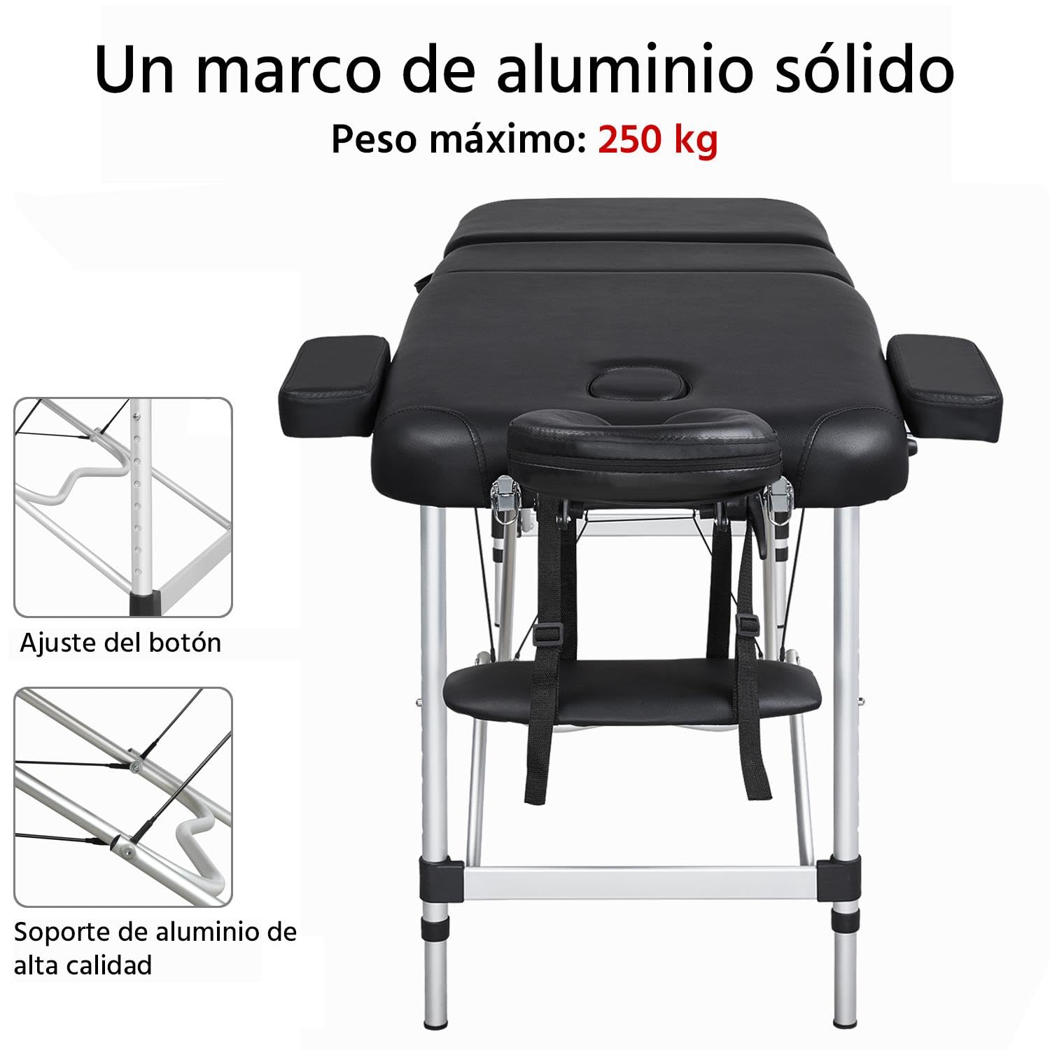 Yaheetech Camilla Masaje Plegable de 3 Zonas 213x82x(67.5-89) cm Portátil Cama Masaje Estetica con Bolsa de Transporte Altura Ajustable Apoyacabezas Desmontables para Tatuaje