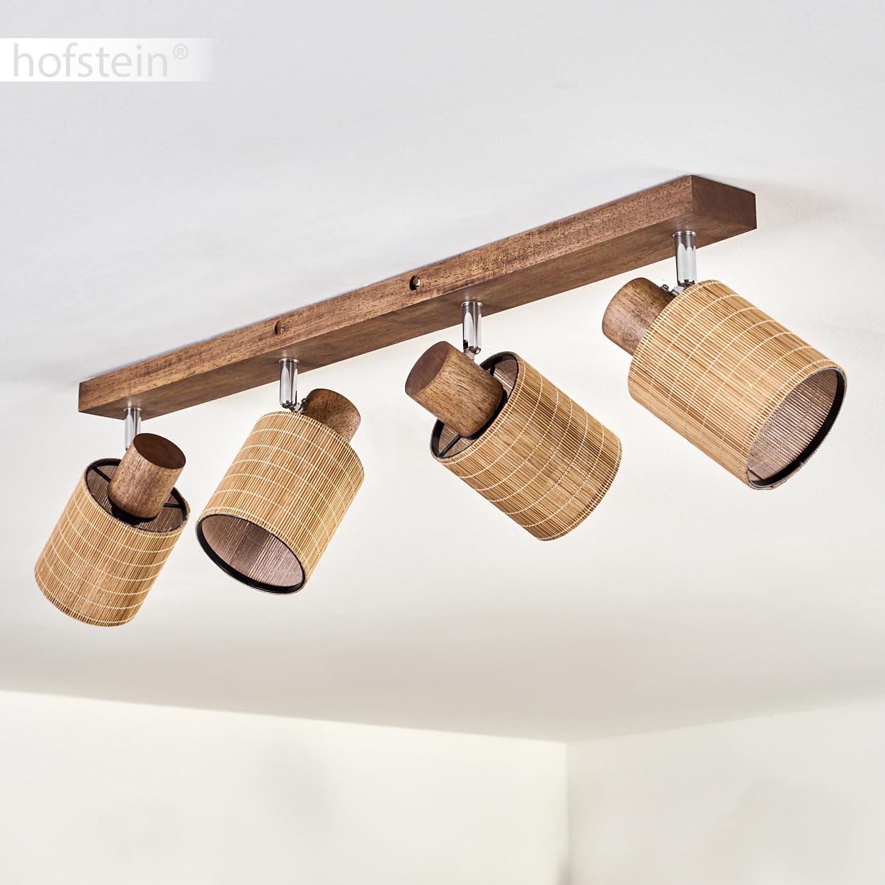 Plafoniera Kinnared, lampada da soffitto moderna in legno/metallo/bambù in marrone scuro/cromato/naturale, lampada a 4 luci in design scandinavo con faretti regolabili, 4 x E14, senza lampadine