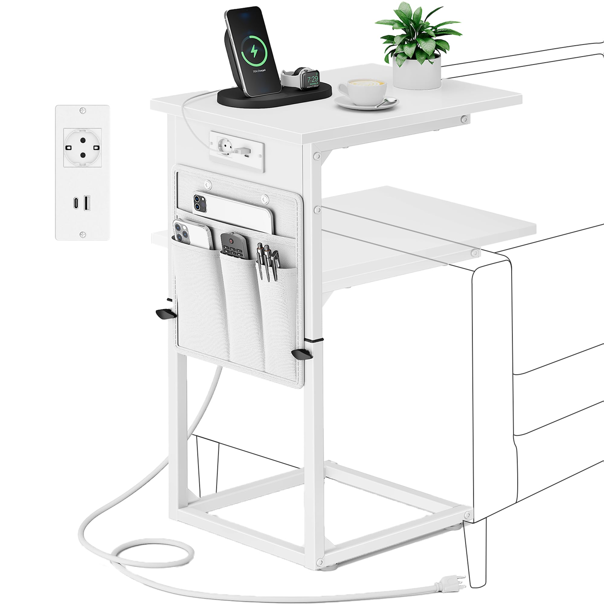 Vagusicc Beistelltisch, Schmaler C Form mit Steckdose, Couchtisch, Höhenverstellbar 52-85cm, Sofatisch Beistelltisch, mobiler Kaffeetisch, Laptoptisch Nachttisch für Schlafzimmer, Wohnzimmer, Weiß