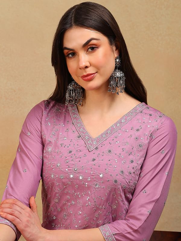 Image of Vaamsi Women's Silk Blend Floral Embroidered Straight Kurta Pant With Dupatta With Cotton Inner