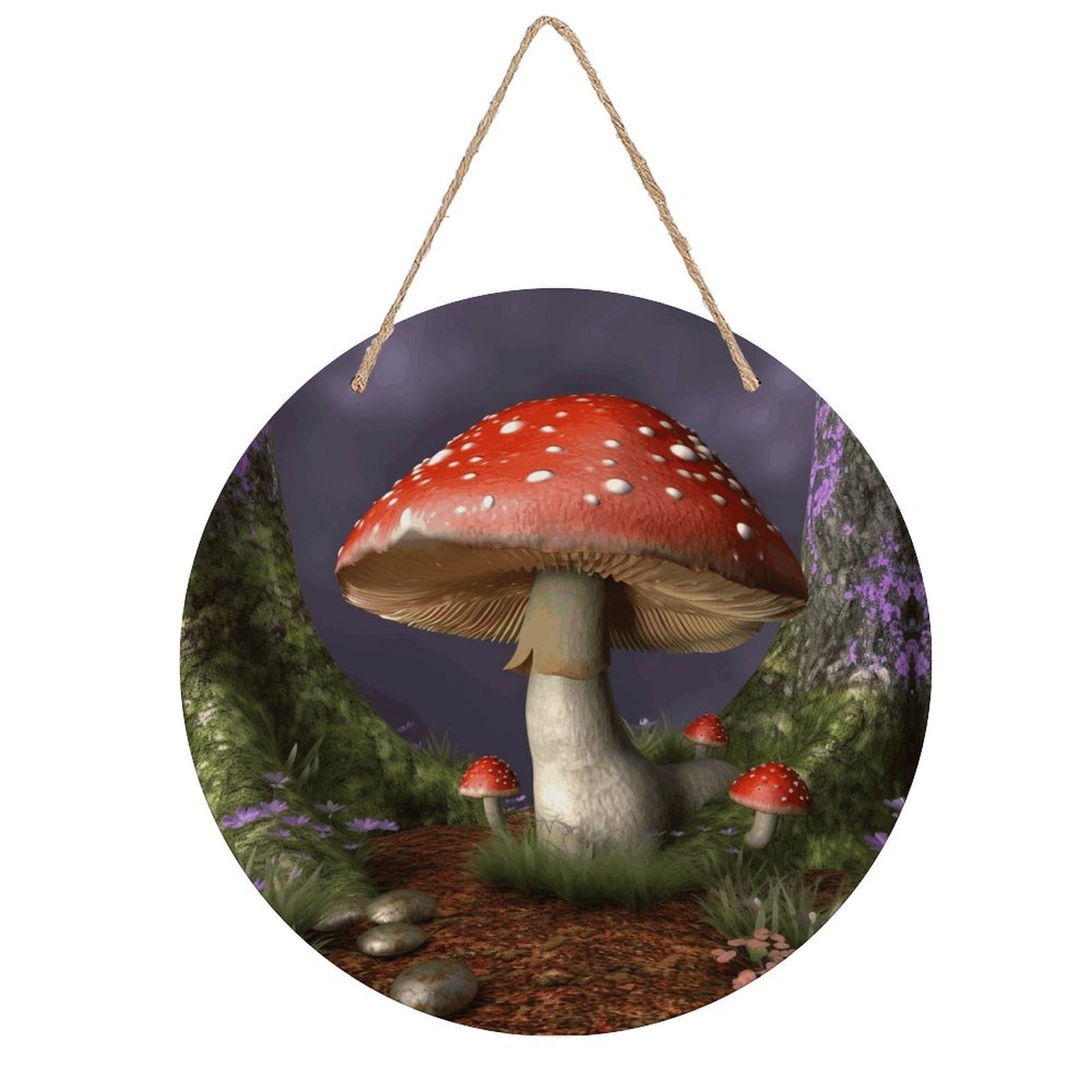 LZQPOEAS Mushroom Round Wood Wall Art Painting, 7.9 Inch Circular Wooden Door Hanger Decorative Paintings, Rope-Hanging Wooden Wall Plaque for Home Decor And Office Party