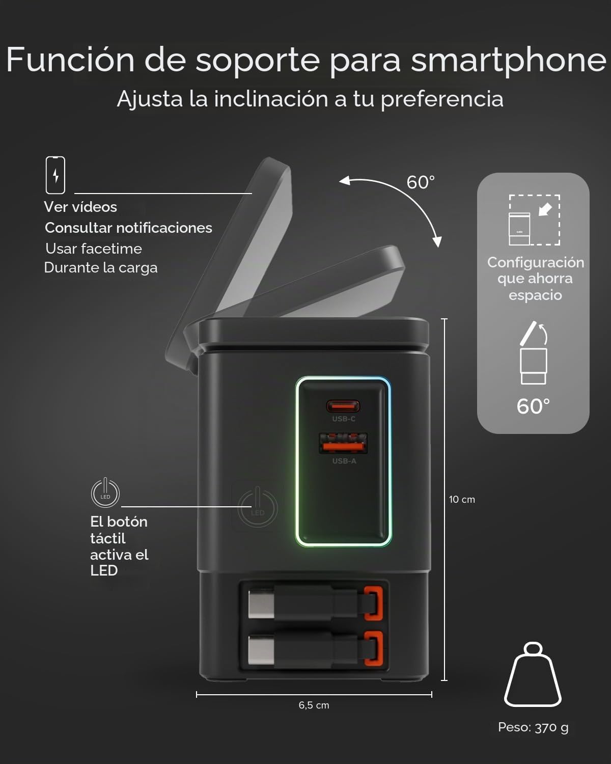 SBS Power Dock 6in1 100W USB-C, Carga Inalámbrica 15W, Compatible con MagSafe, Power Delivery (PD 3.0 PPS), Estación de Carga con 2 Cables Retráctiles, Adaptador para Portátil, iPhone, AirPods, Negro | Power Delivery (PD 3.0 PPS), estación de carga con 2