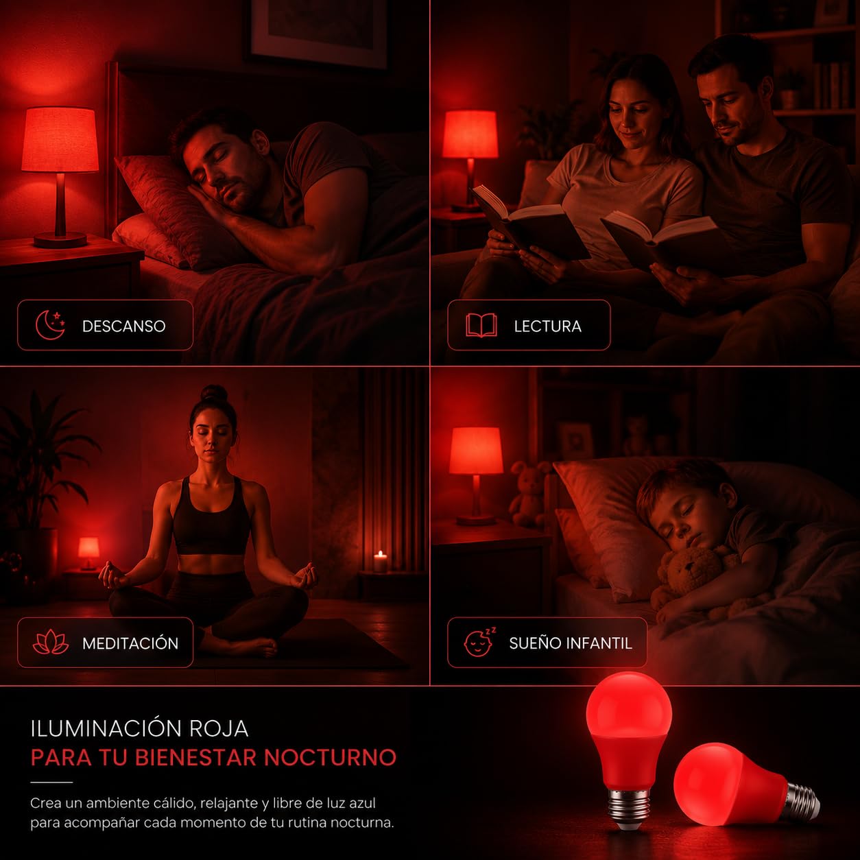 Bombilla Luz Roja E27 para Dormir y Melatonina | Pack 2 Bombillas LED de 7W Nocturnas 634nm sin Luz Azul | Luz Roja Bebé, Descanso y Biohacking | Anti Flicker (7, Vatios)