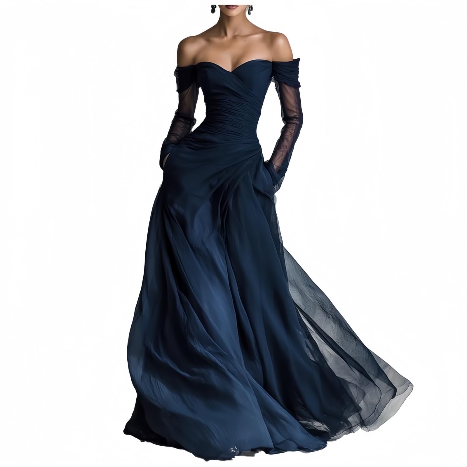Maxivestido Elegante para Mujer en chifón Azul Oscuro, de Manga Larga, Hombros Descubiertos y Corte Ajustado; diseño de Primavera-Verano con Paneles de Malla.