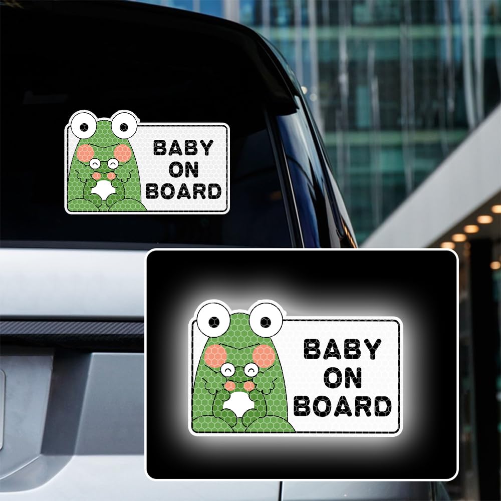 Iprokiu High Intensity Reflective Cute Frog Baby on Board Sticker for Car Safety Warning Sign Waterproof Baby in Car Decal Funny Kids on Board Car Bumper Window Sticker (White)