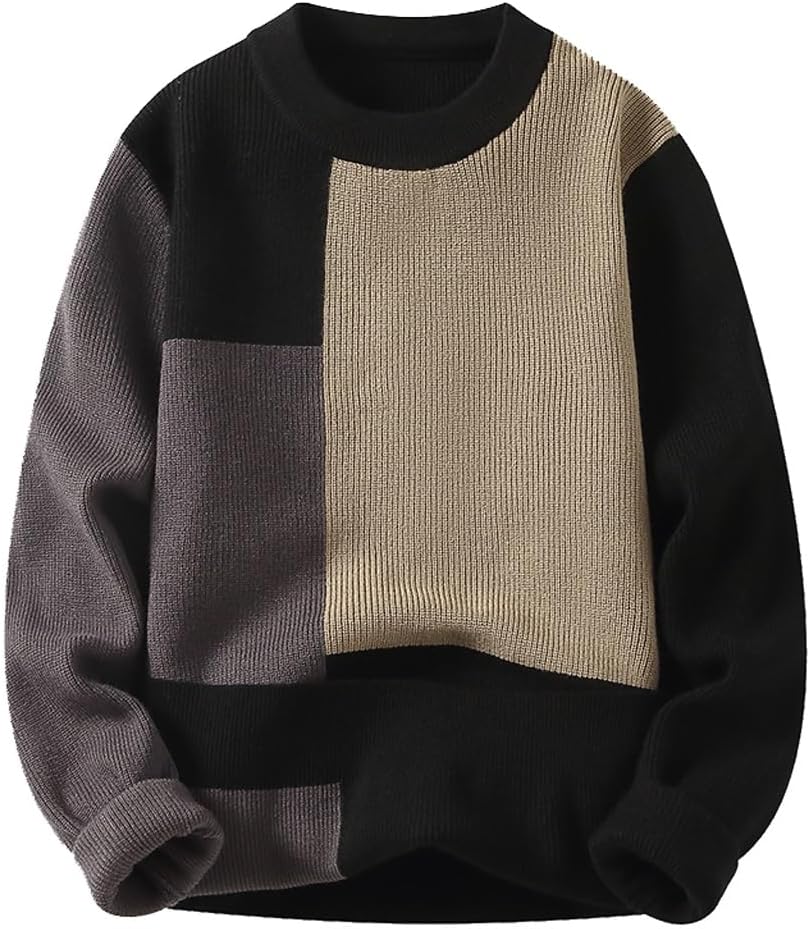Round Necked Sweater for Men's Autumn and Winter Loose Knit Bottom, Patchwork Color Contrast