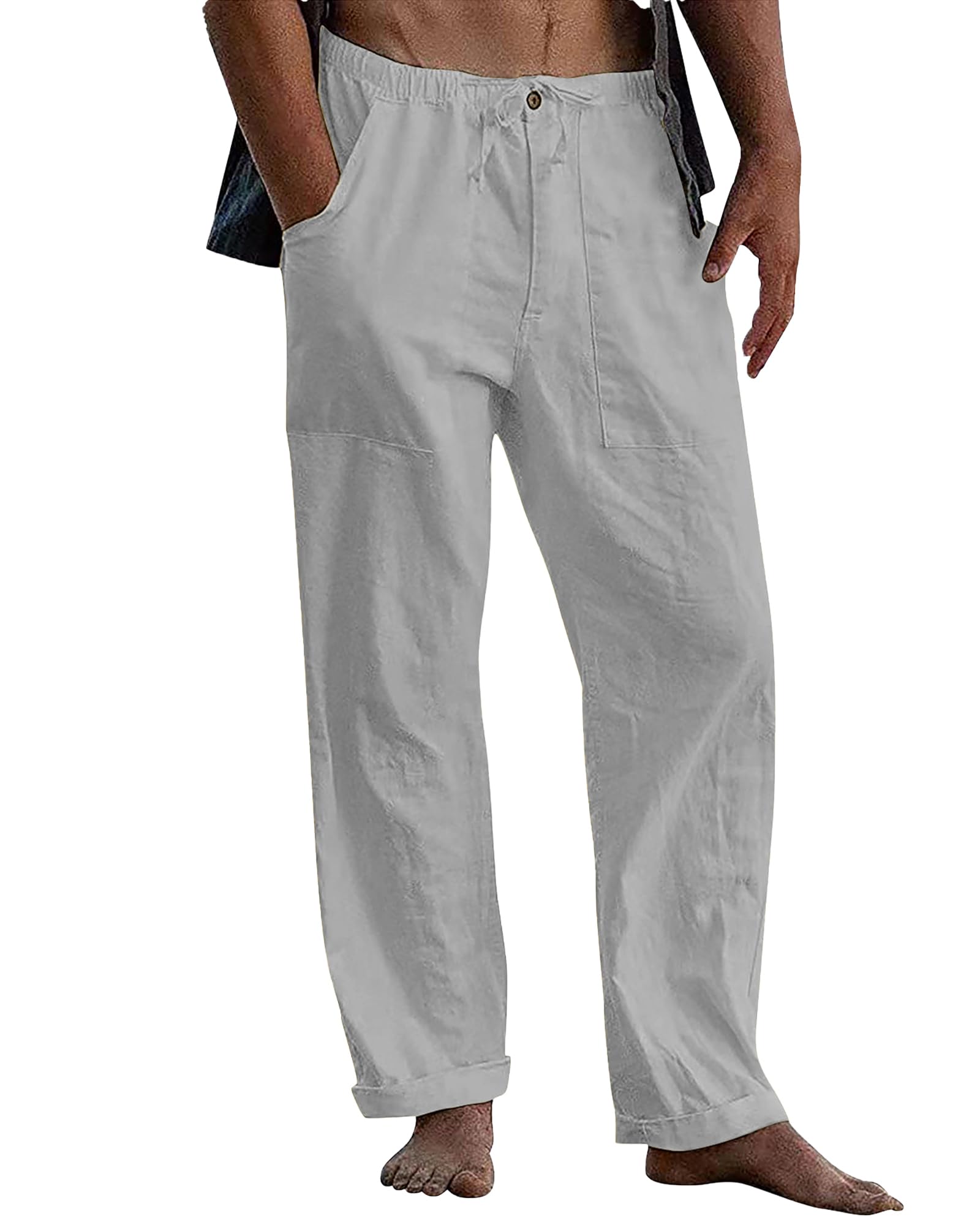 LVCBL Leinenhose Herren Sommer Herbst Lose Lässige Leinenhose mit Taschen Elastischer Bund