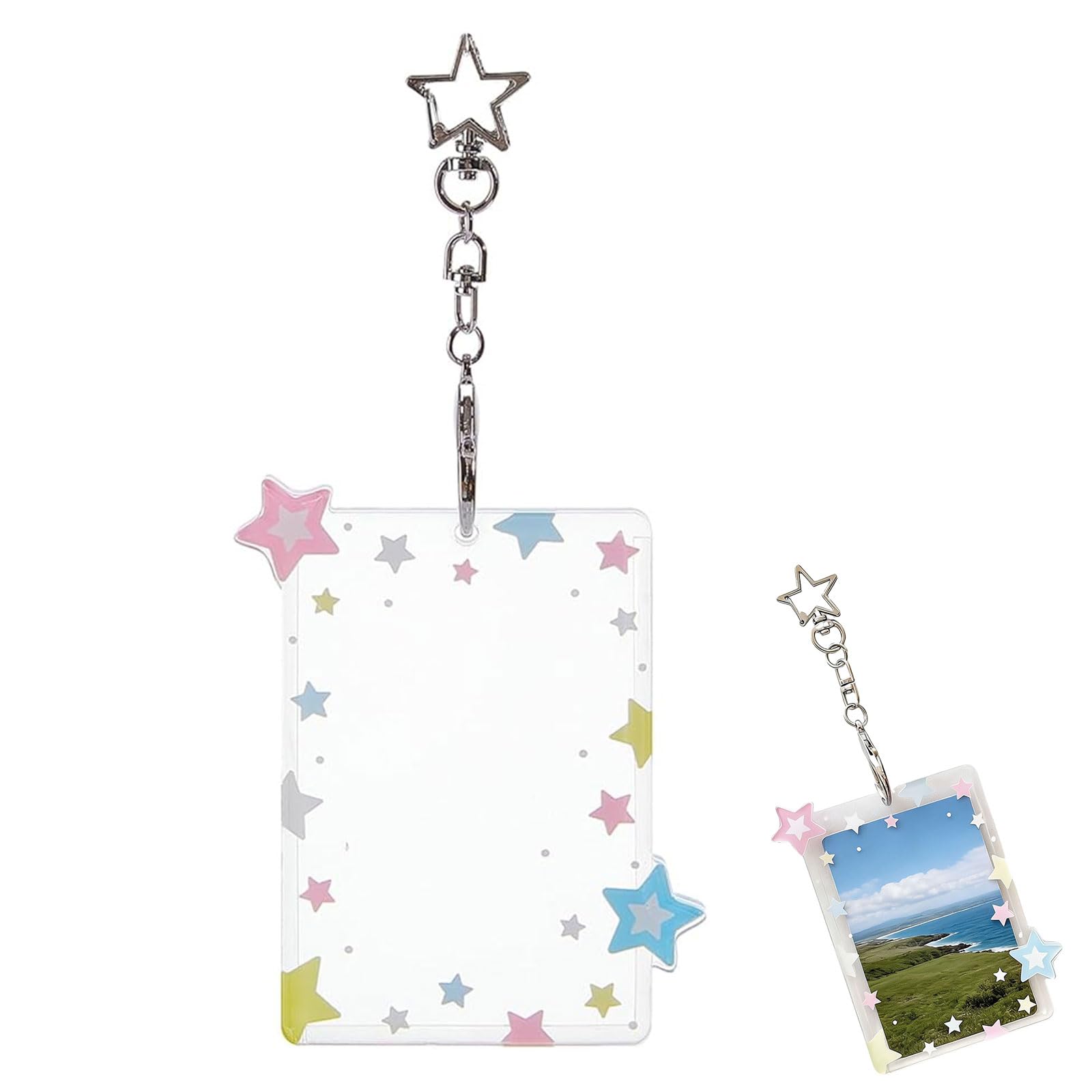 Solvind Kpop Photocard Holder, Acrylic Glitter Five-pointed Star Clear Case with Keychain, Standard Size Scratch Resistant Protective Sleeve, Secure Snap Closure for ID Badge Mini Polaroid, Gift