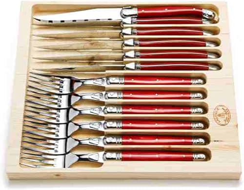 Miniatura 4 de (D) Laguiole - Juego de cubiertos franceses hechos a mano, 12 piezas con caja en una caja, vintage (pastel)