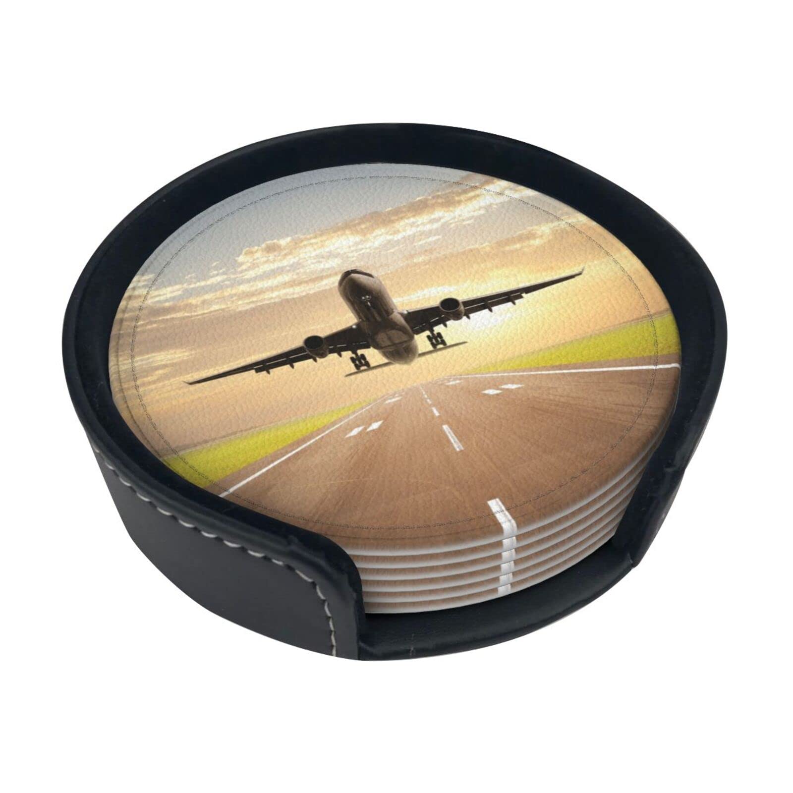 Airplane Coasters Set Of 6, Round Leather Drink Coaster With Holder For Various Cups, Tables, Home Decoration, 3.9 Inches