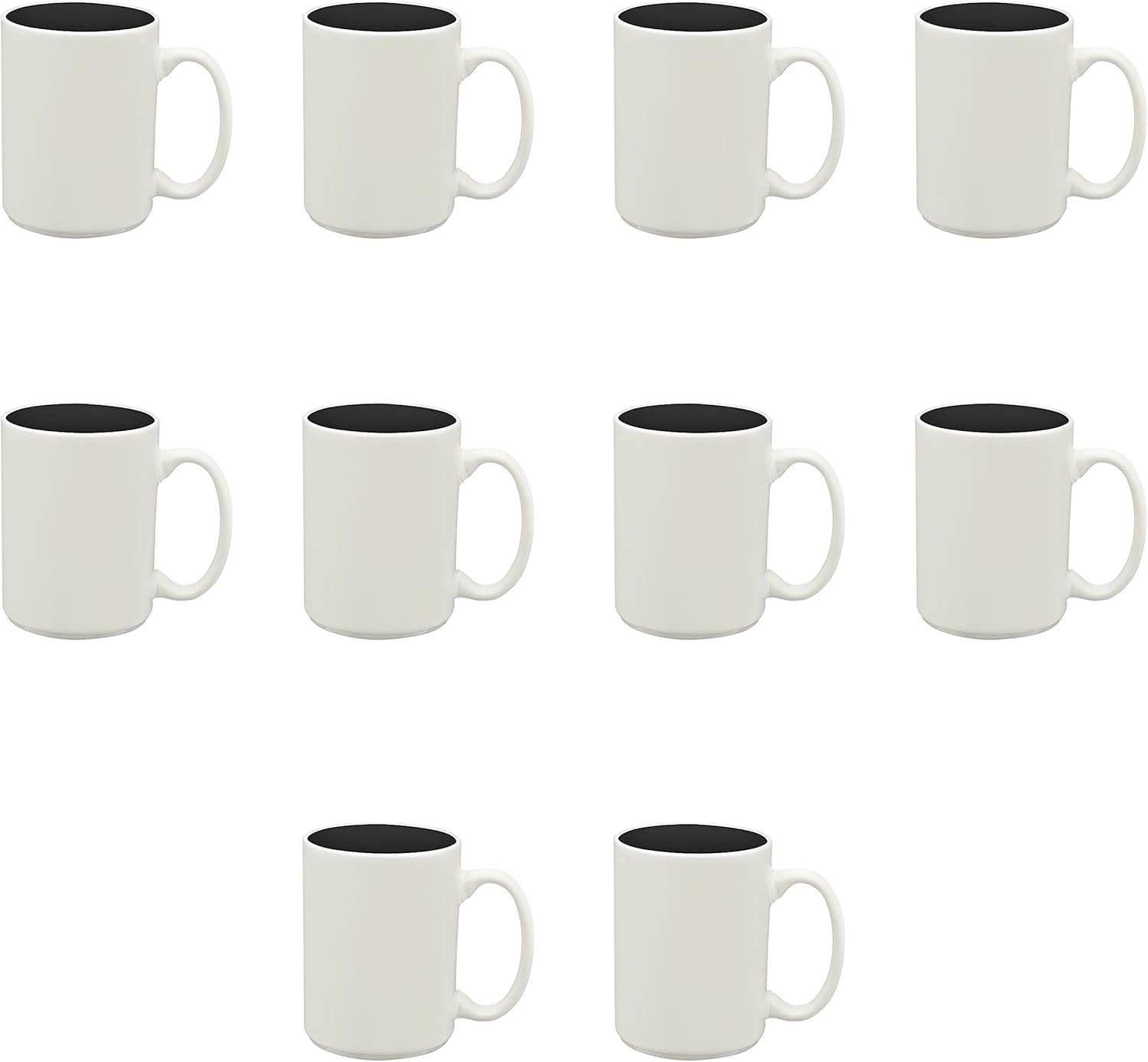 DISCOUNT PROMOS 10 Glossy Two-Tone Ceramic Mugs Set, 15 oz. - Stoneware, Smooth, Durable, C-handle - Black
