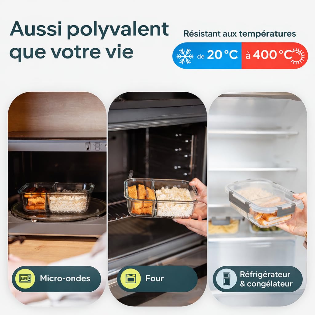 Uandu Lot de 10 Boîtes Alimentaires en Verre Hermétiques avec Couvercle, Verre Borosilicate, Idéal pour les Repas et le Meal Prep, Sans BPA, Compatible Micro-ondes, Four, Congélateur et Lave-vaisselle