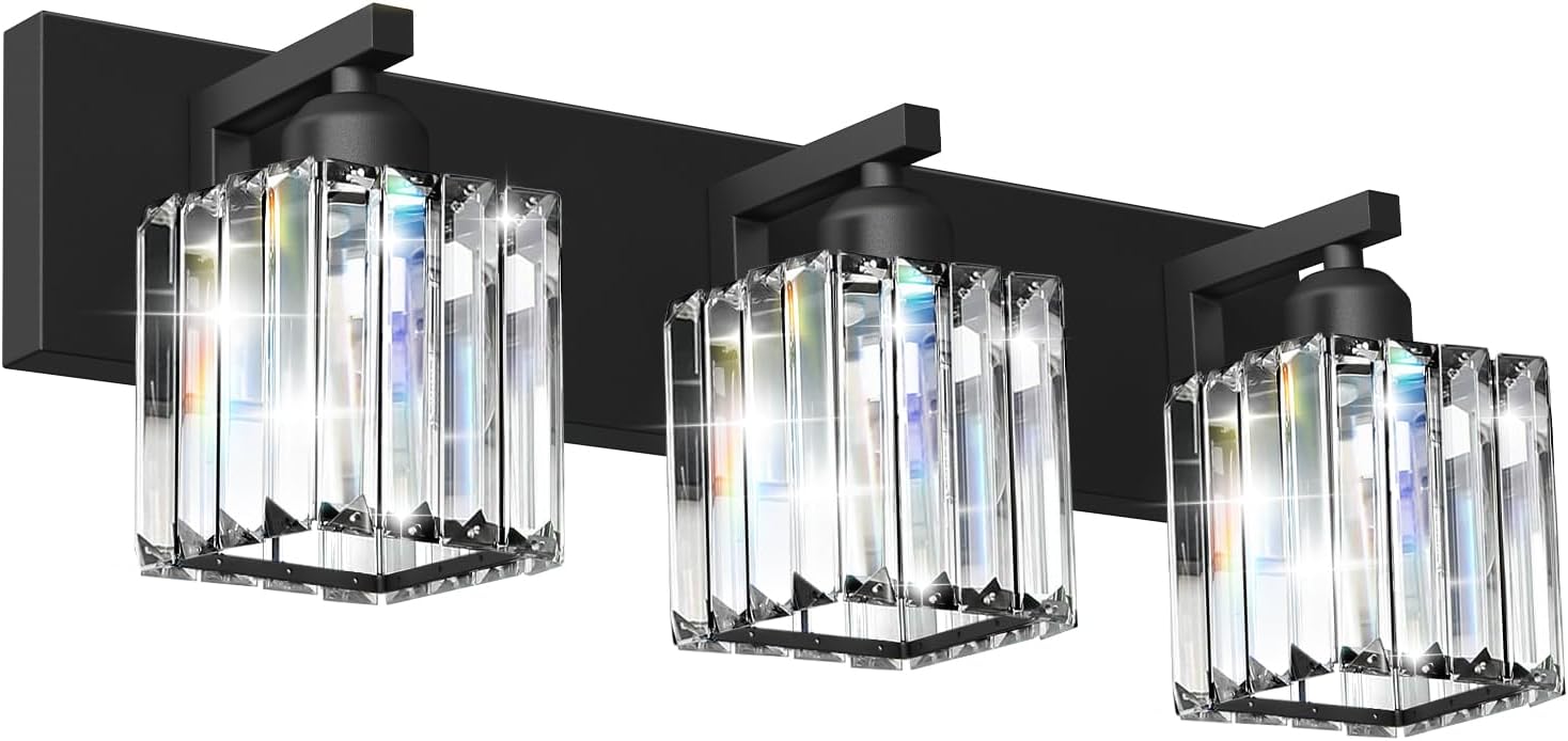 Black Crystal Bathroom Vanity Light, 3-Light Modern Bathroom Lighting Fixtures Over Mirror, Matte Black Wall Sconce Light Fixtures with Square Shade