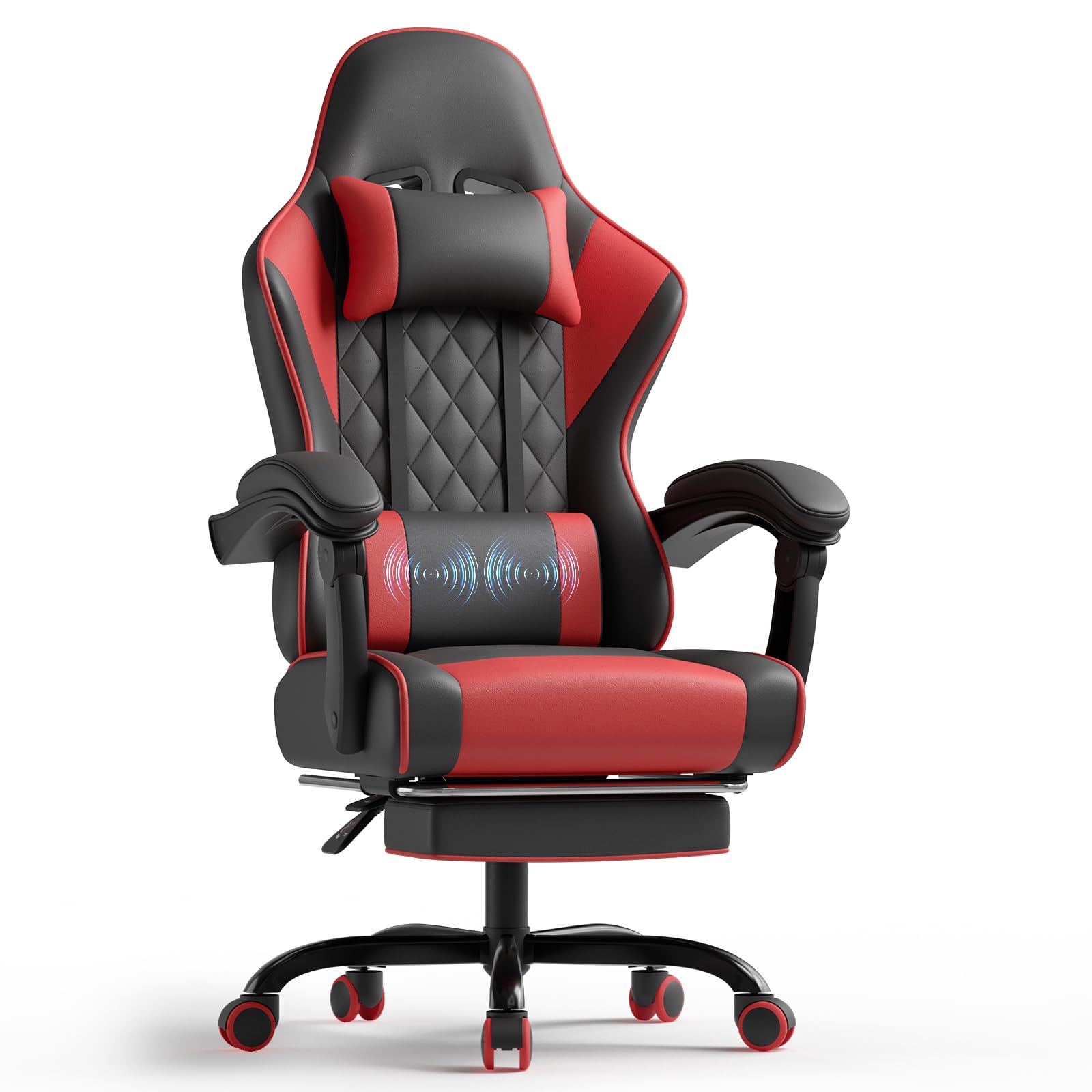 TRIUMPHKEY Silla Gaming Profesional con Masajeador, PU Silla de Juegos con Reposacabezas y Reposapiés,Silla de Oficina Ergonómica con Lumbar de Masaje, Reclinable 90-150°y Capacidad 150KG Rojo-Negro