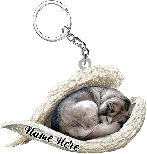 Husky - Llavero acrílico personalizado para perro durmiendo en alas de ángel blancas, regalo para los amantes de los perros husky, llavero