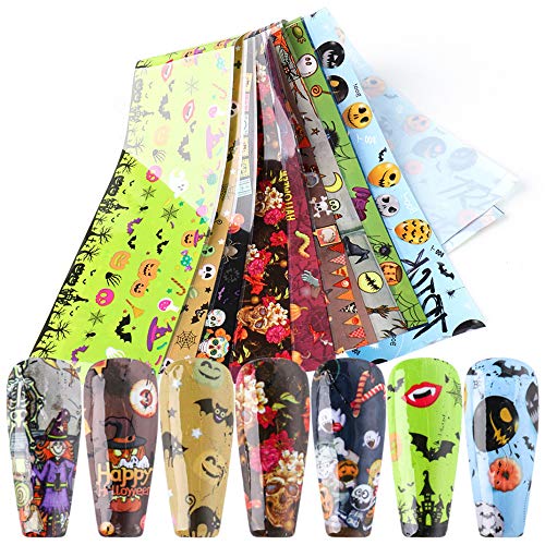 10pcs Halloween Design Nail Foils Set Holographic Fall Halloween Nail Foil Transfer Stickers Mix Skull Bone Pumpkin Zombie Ghost Cat Foil Transfers for Nails Art Decorations Manicure Tips Accessories
