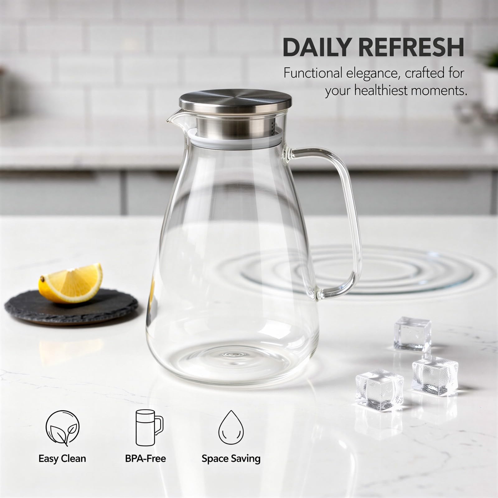 2000 ml / 68 oz Glaskrug mit Deckel, hitzebeständiges Borosilikatglas, ideal für Eistee, Saft und Heißgetränke, passt in Kühlschranktür, für Alltag und Servieren