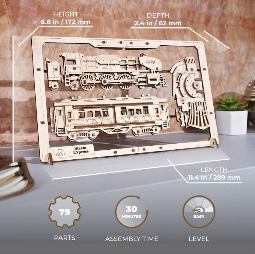 UGEARS 2.5D Framed Steam Express, Classic Train Wood Model Kit with Movable Wheels, Mechanisms & Doors - Image 3