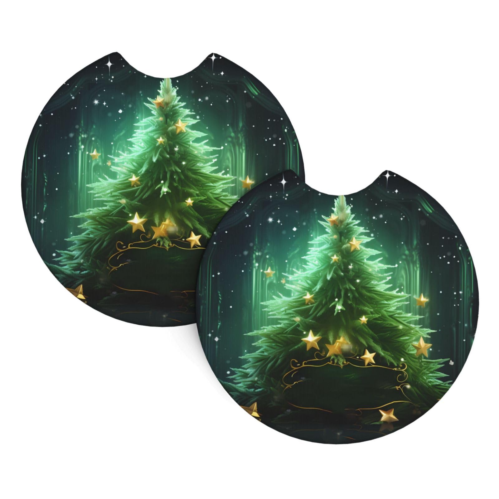 2PCS Car Coaster for Cup Holders Universal Auto Cup Mat Green Christmas Tree Cup Coaster Pad 2.7" Waterproof Neoprene Non-Slip Cup Holder Coasters Car Interior Accessories for Women Men