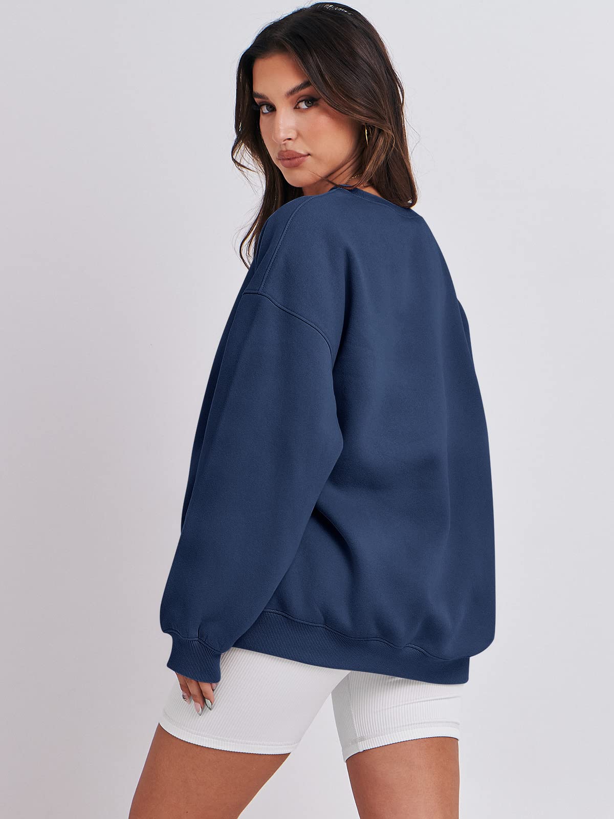 Damskie bluzy oversize bluzy z kapturem polar okrągły dekolt sweter top codzienne jesienne stroje preppy ubrania nastolatki 2024 A1019 światło, Jeden kolor, Navy Blue_XL