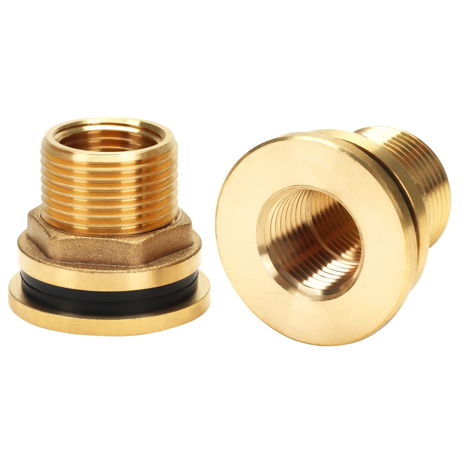 Brass Bulkhead Fitting - 1/2" NPT Female x 3/4" Straight Male Thread Water Tank Connector with 2 Rubber Rings for Water Tower Tank Barrels (pack of 2)