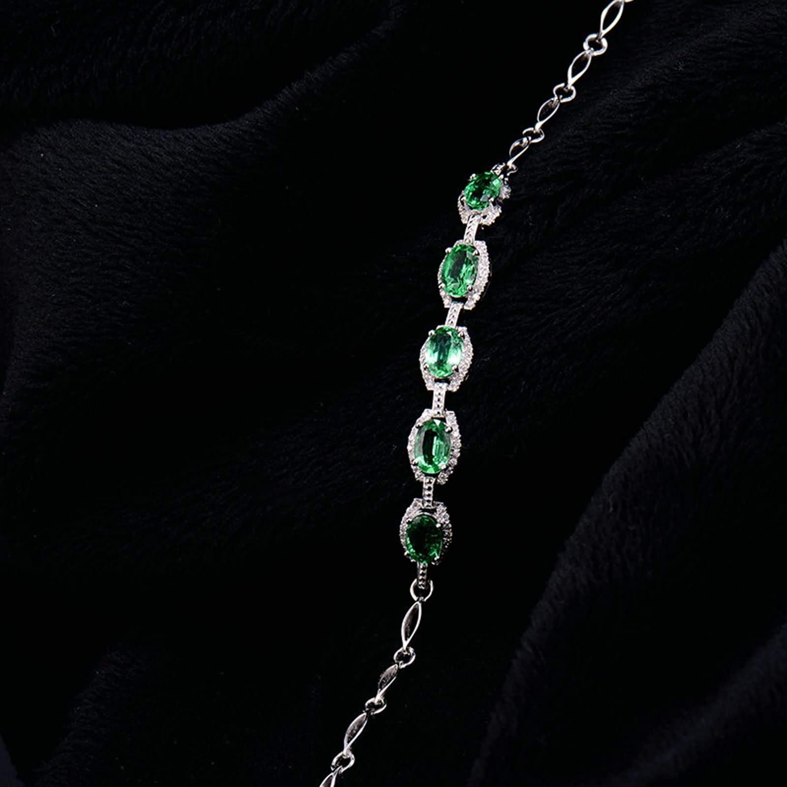 Pulseras de Mujer de Oro Blanco 9 Kilates / 14 Kilates / 18 Kilates, Oval con Esmeralda de 2,17 ct y Diamante de 0,24 ct, Cadena Extensible 16 CM + 5 CM, Pulsera Mujer Ajustable Plata Verde