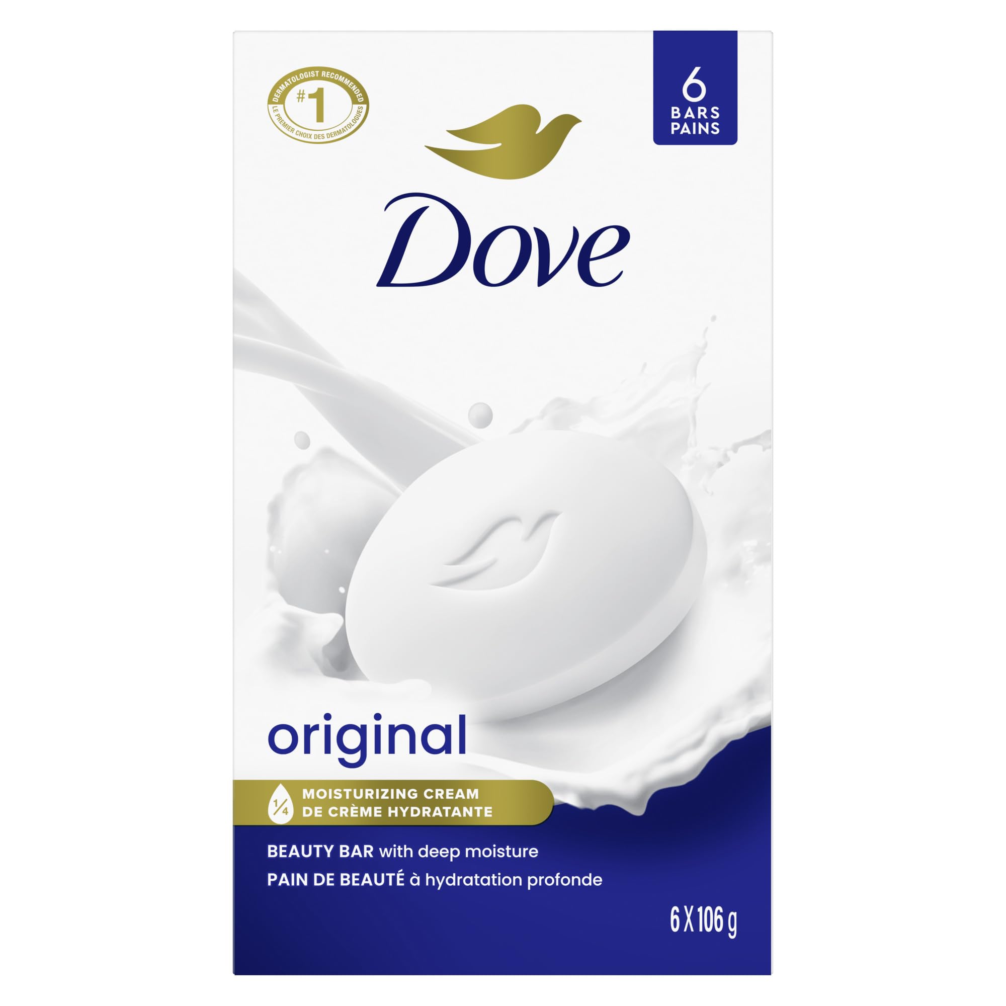 Dove Beauty Bar Gentle Skin Cleanser Moisturizing for Gentle Soft Skin Care Original Made With 1/4 Moisturizing Cream 106g (Pack of 6 bars)