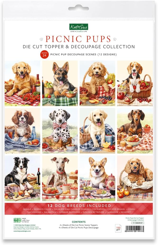 Designs Picnic Pups Die-Cut Topper & Decoupage Collection. 4 Sheets of Dog-Themed Card Toppers & 4 Sheets of Matching Die-Cut Decoupage Paper Sheets for Card Making Supplies & Craft Supplies