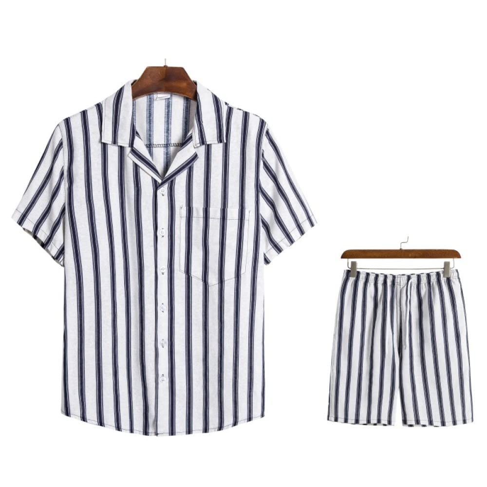 Funky Camisa Hawaiana, Camisa Hawaiana para Hombre Y Pantalones Cortos De Playa Hawaianos Conjunto De Rayas De Lino De Algodón Blanco Negro Trajes De Hawaii Camisa De Playa De Manga Corta Casual Y