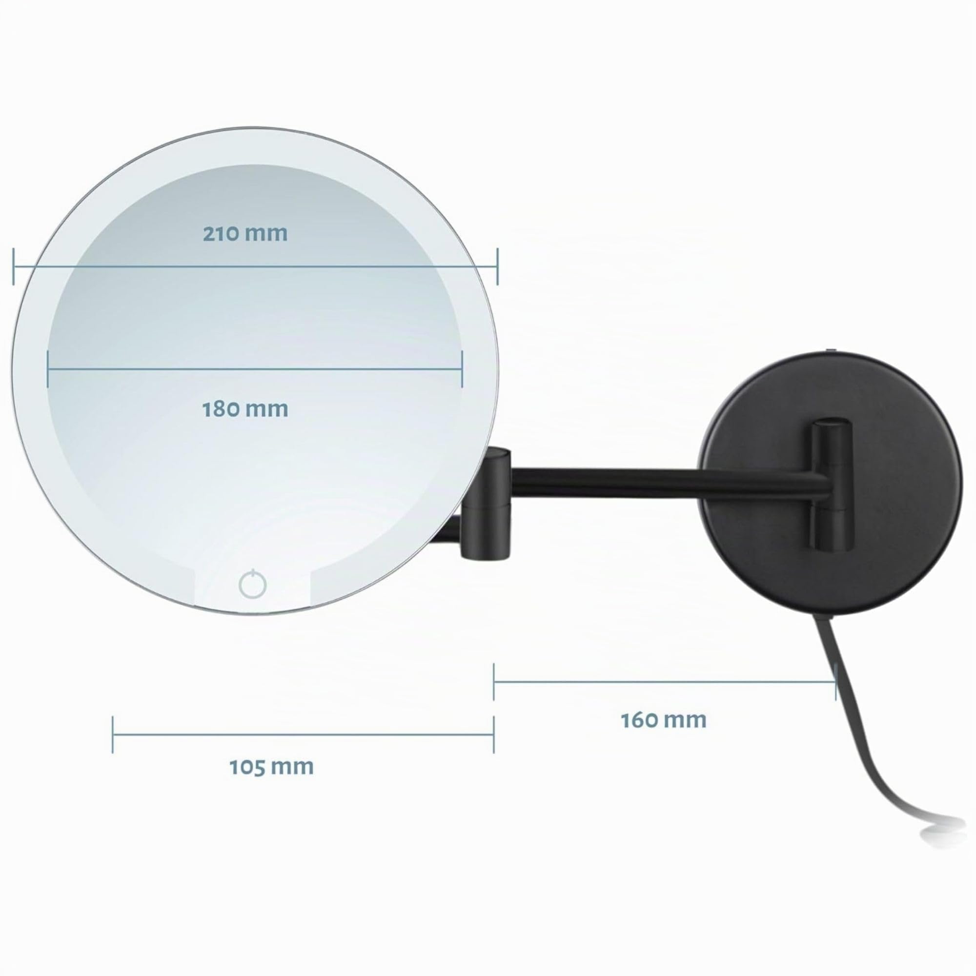Ravenna - Espejo de Aumento 7X LED, Montaje en Pared, función de atenuación, Apagado automático, Cable Negro