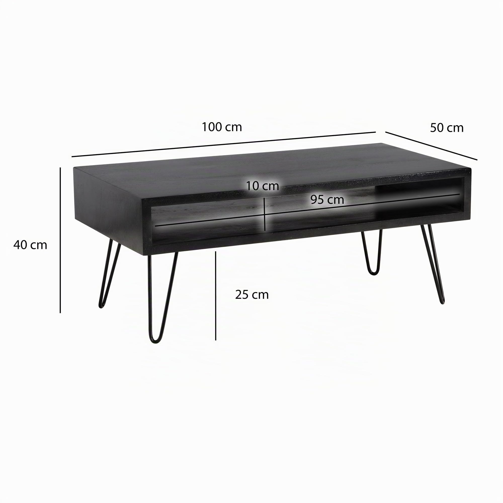 FineBuy Couchtisch 100x50x40 cm Mango Massivholz Schwarz, Hairpin | rechteckiger Wohnzimmertisch mit Ablagefach, Sofatisch aus Echtholz, handgefertigt, jedes Stück ein Unikat