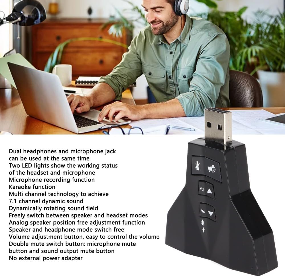 USB Sound Card Virtual 7.1 Channel – External Stereo Adapter for Headphone and Microphone, Plug and Play for Windows PC, Laptop