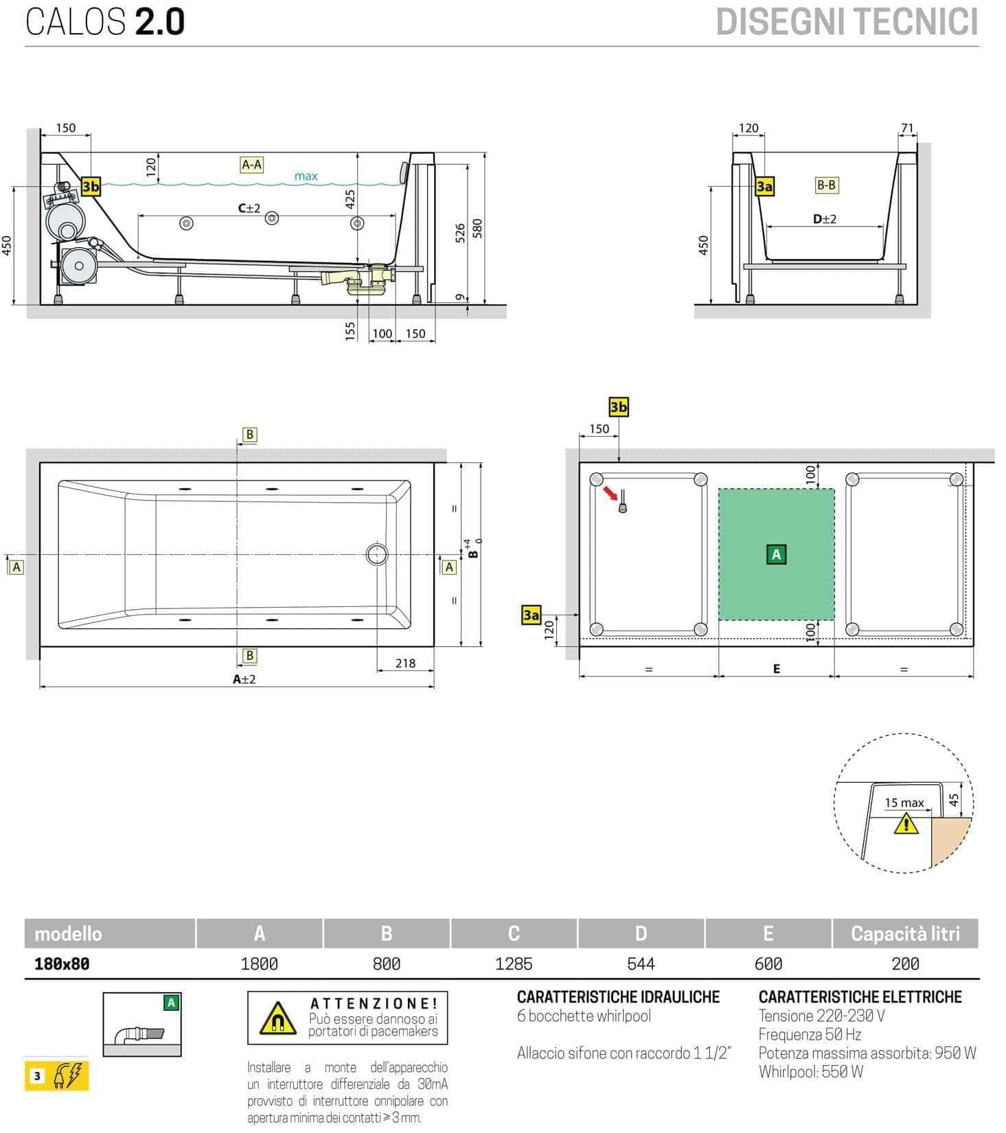 Novellini Calos 2.0 Wanna Hydro Dezynfekcja Boczna Woda 6 Jet 180 x 80 cm Odwracalny Prostokątny 1 Panel Przedni 2 Boczne Akryl Biały Błyszczący Kolumna Odpływ Zagłówek Wyświetlacz