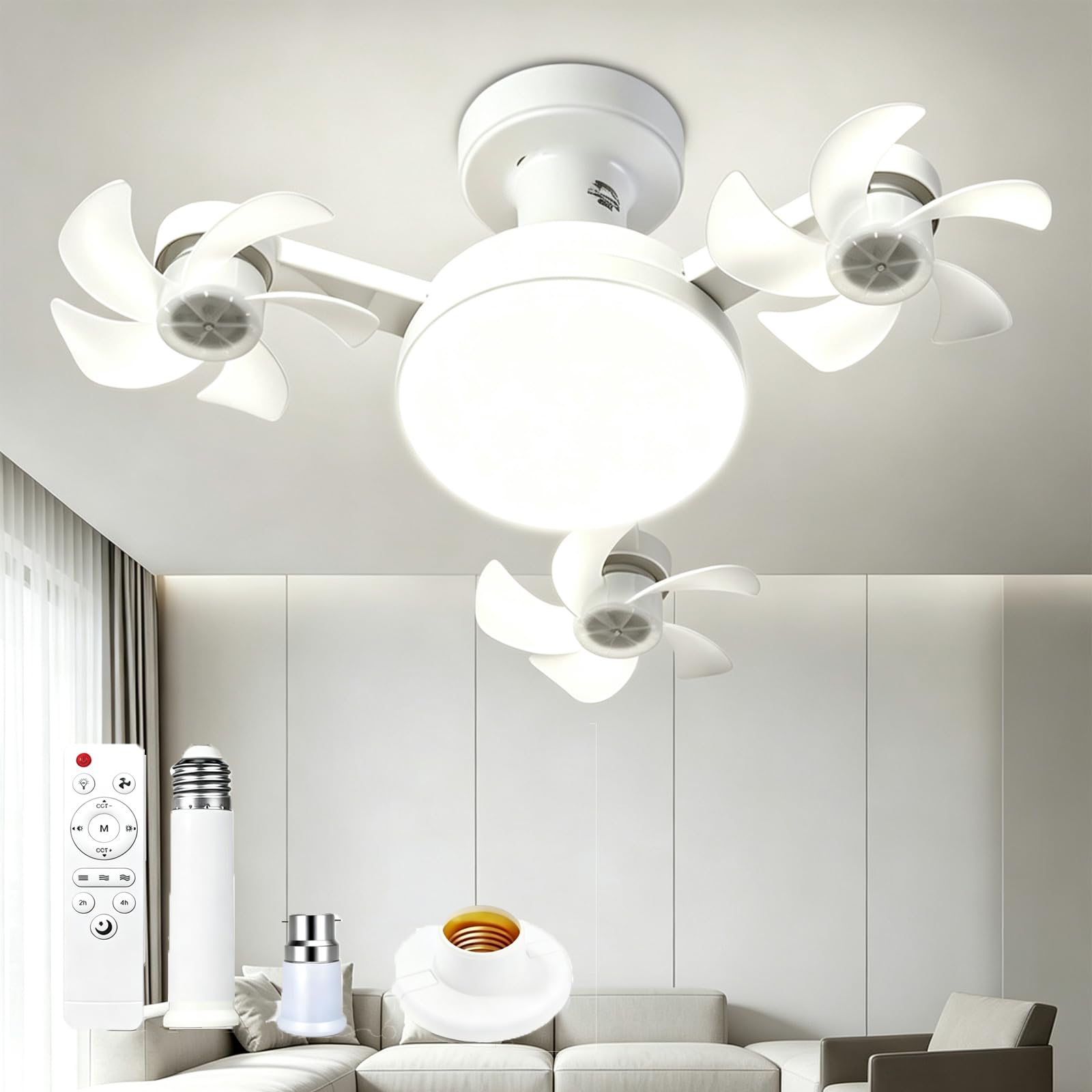 ANBTUKJ Dimmable LED Ceiling Fan with Lights and Remote, 3 Heads 50W 3 Speeds Timer Quiet 45cm, White Ceiling Fan for Bedroom Dining Room Kitchen