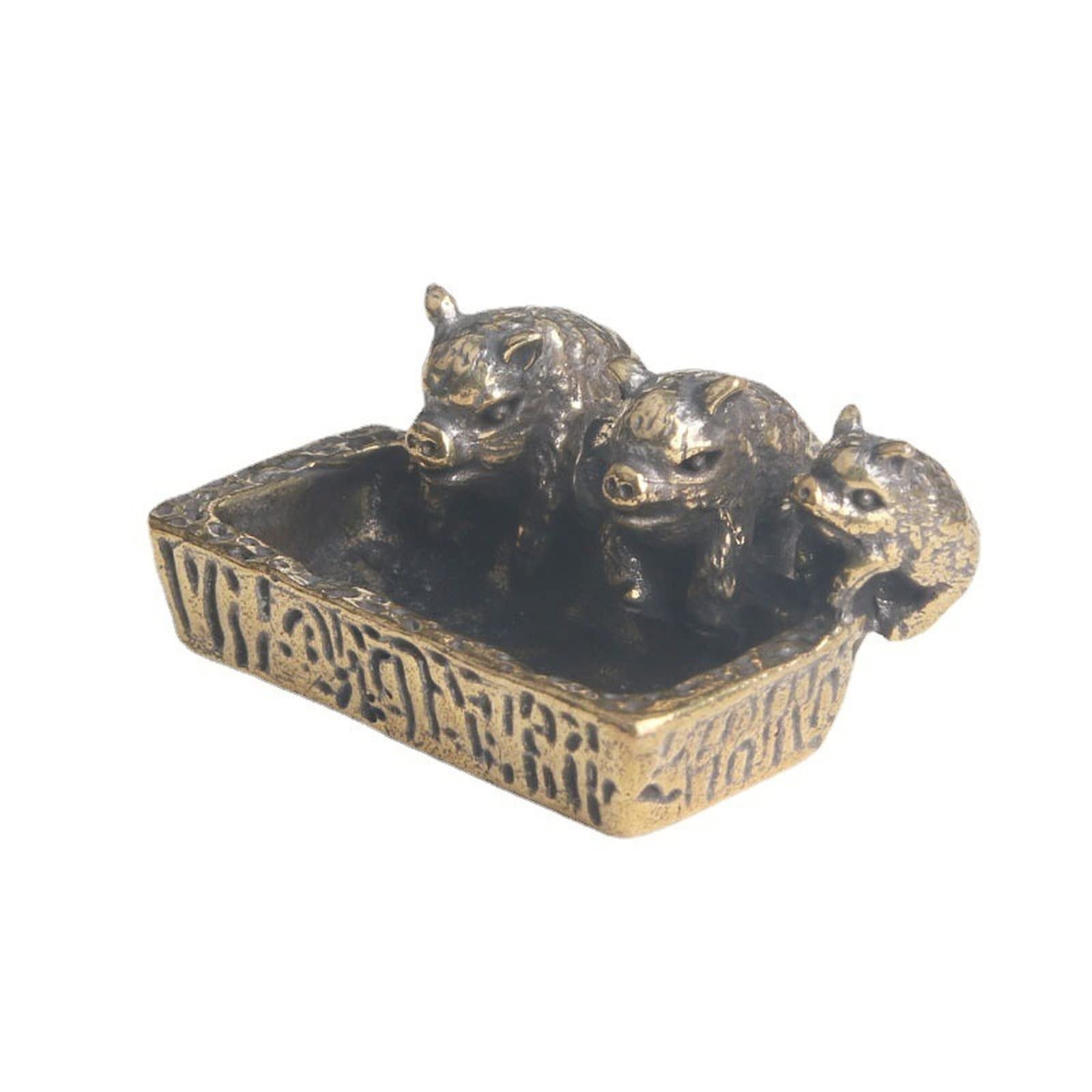 NGDFGR Copper Pig Trough Miniatures Figurine, Brass Cute Three Little Pigs Statue Animal Model Sculpture Office Home Study Desk Car Decoration