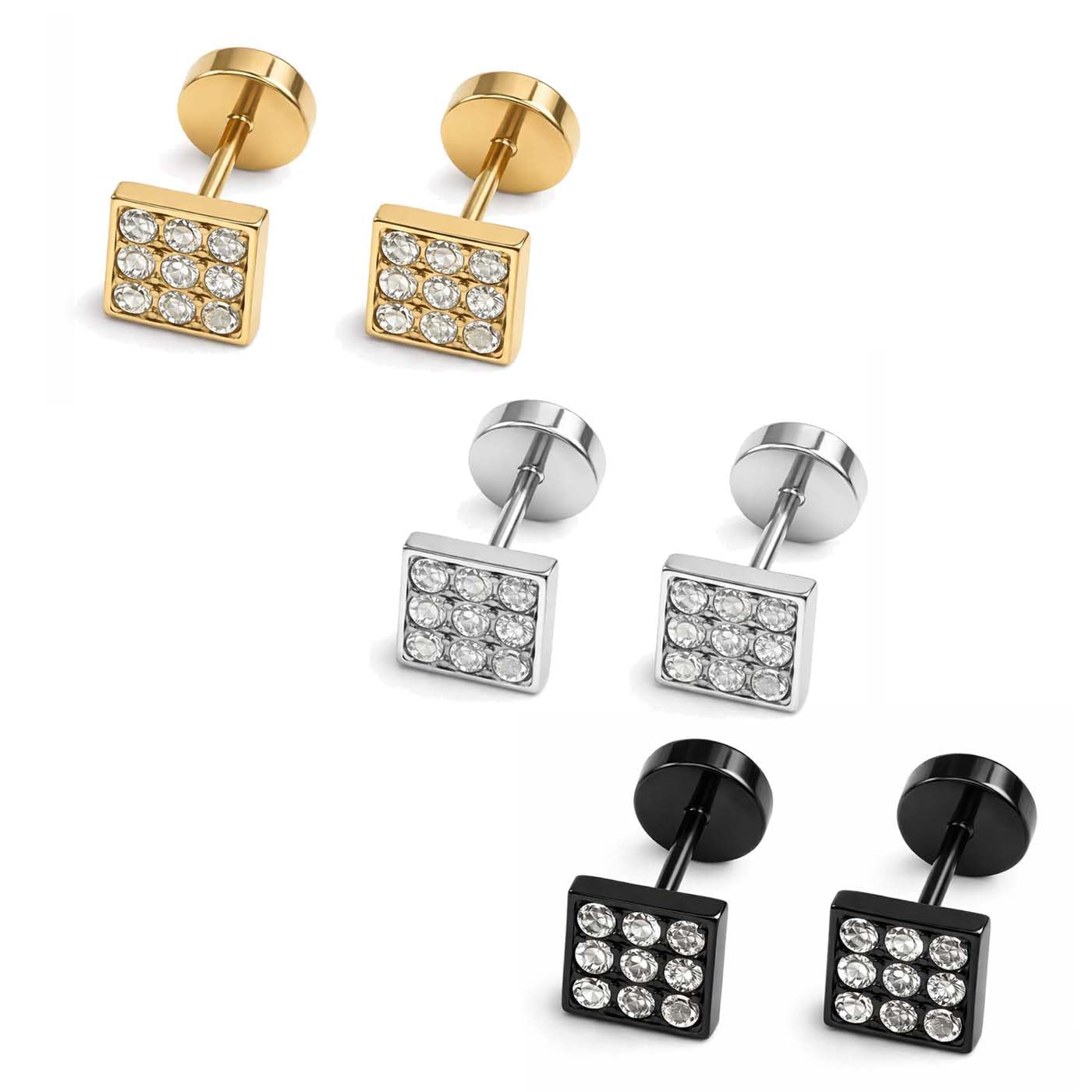 Combo of (3 Pair) Unisex Fancy & Stylish Stainless Steel Golden Silver & Black Glossy Finish Elegant Cubic Zirconia Square Design Dumbbell/Barbell Stud Ear Piercing Earrings for Men & Women-image-24
