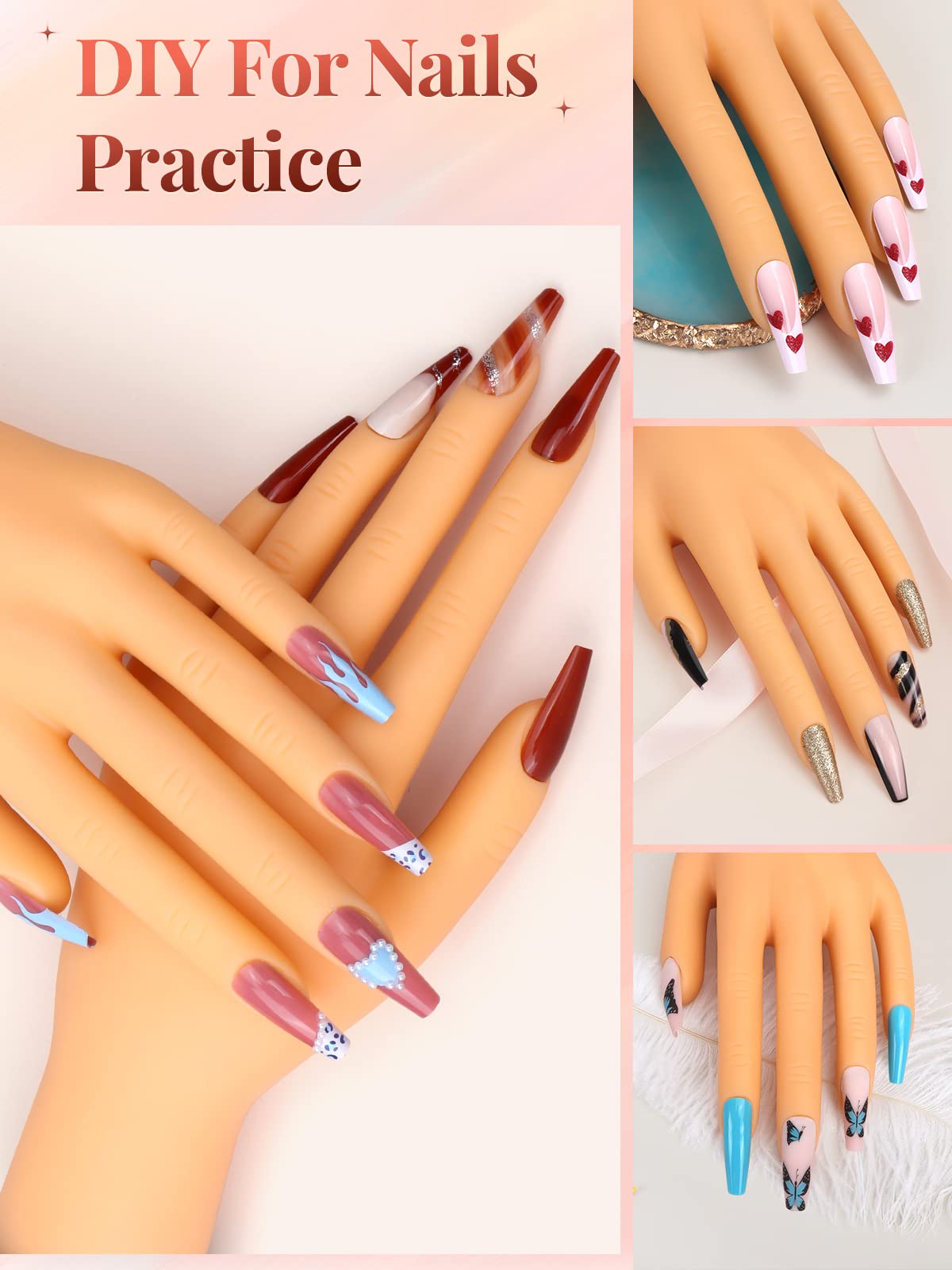 LIONVISON Ręka ćwiczeniowa do paznokci akrylowych, profesjonalne narzędzia do sztuki paznokci z 200 sztuk sztucznych paznokci, ręka ćwiczeniowa do DIY manicure