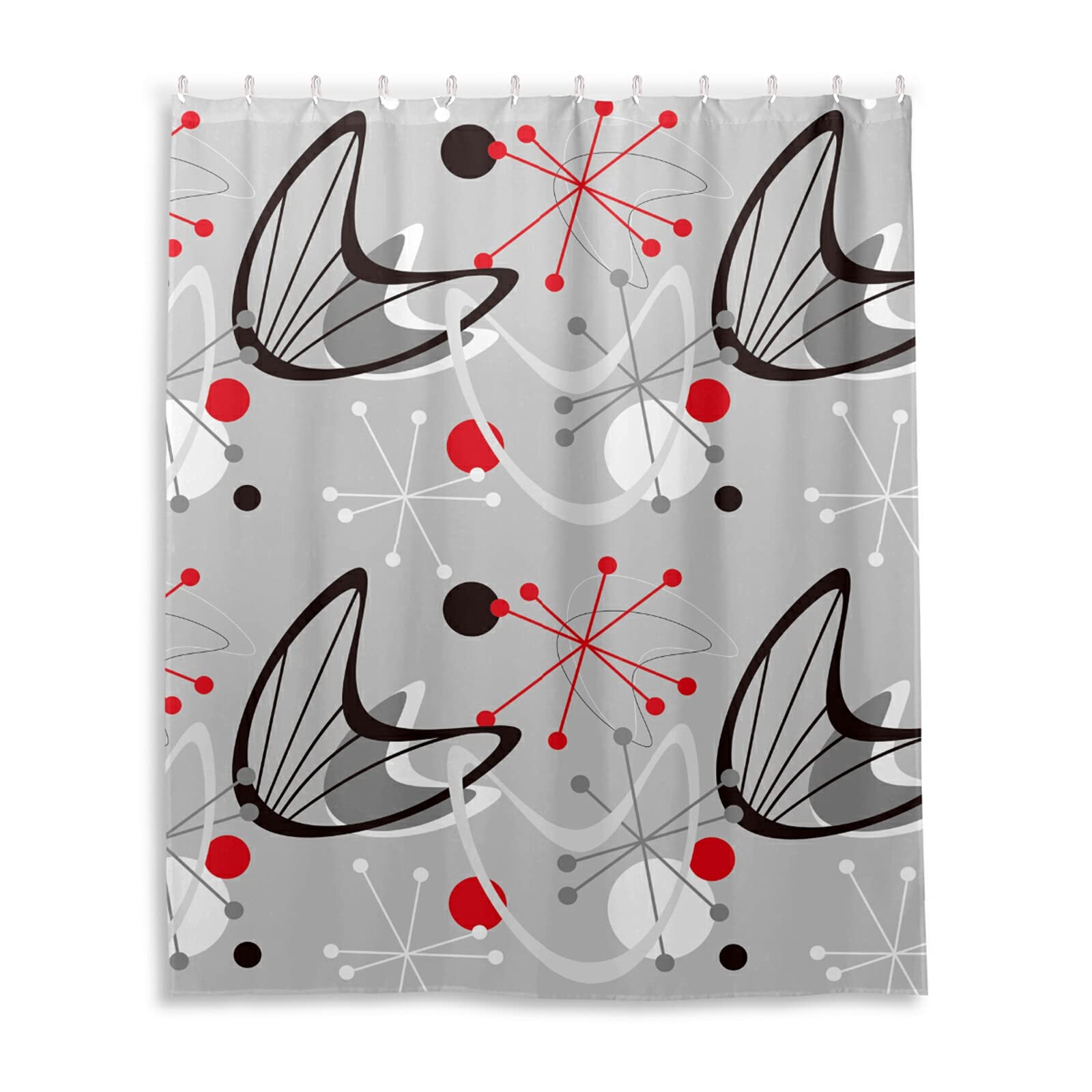 Seamless Vintage Atomic Retro mid Century 1950 Red Black Grey Style Waterproof Shower Curtain, Machine Washable Polyester Cloth with 12 Hooks, No Smell Bath Tub Stall Curtain Liner 72