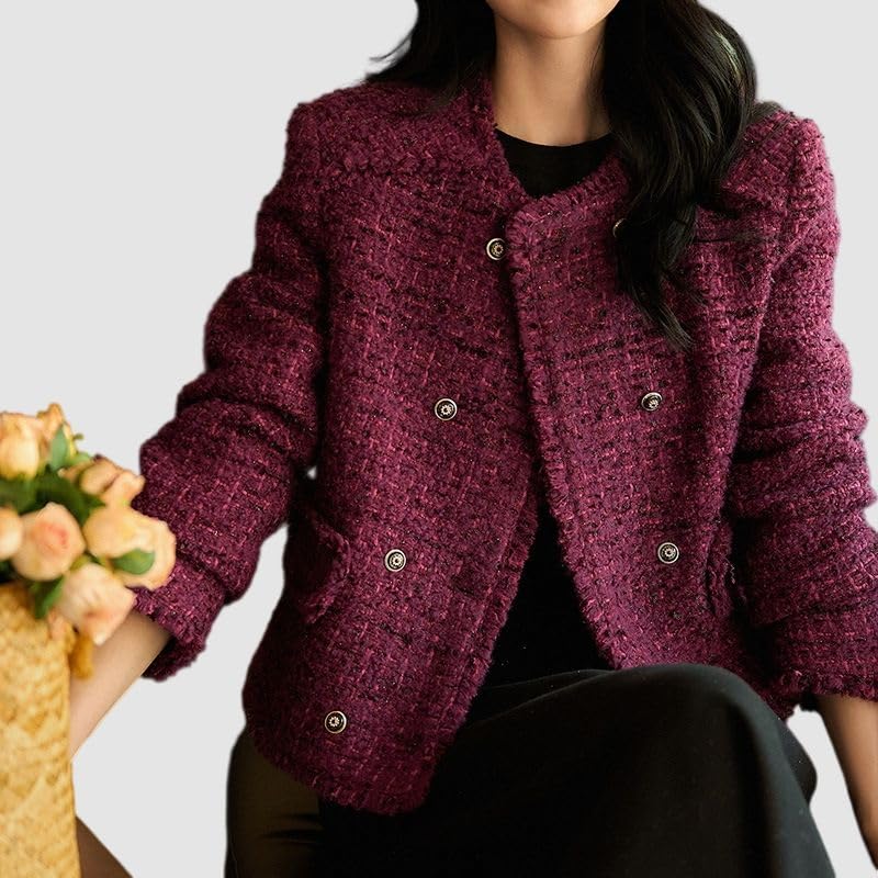 Veste en tweed de qualité supérieure style patchwork col rond élégant