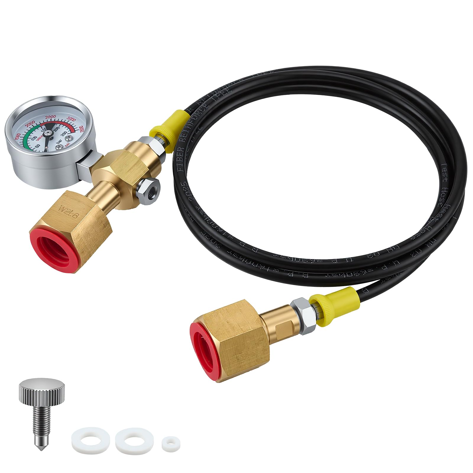 Schutzgas Umfüllschlauch 1,5m 2x W21.8-14 DIN477 CO2 Adapter Hochdruckschlauch 3500PSI Manometer CO2 Nachfüllstation Gasschlauch Argon Stickstoff Schweißgerät
