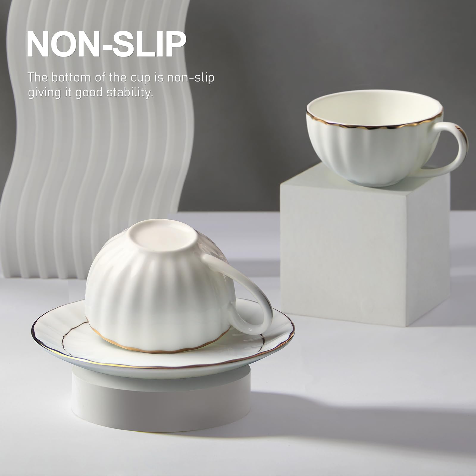 IQCWOOD Tasse à thé et soucoupes de 173 ml avec bordure dorée, tasse à thé en porcelaine anglaise pour café, cappuccino, expresso pour fête, café, maison, cadeau de fête des mères (blanc)