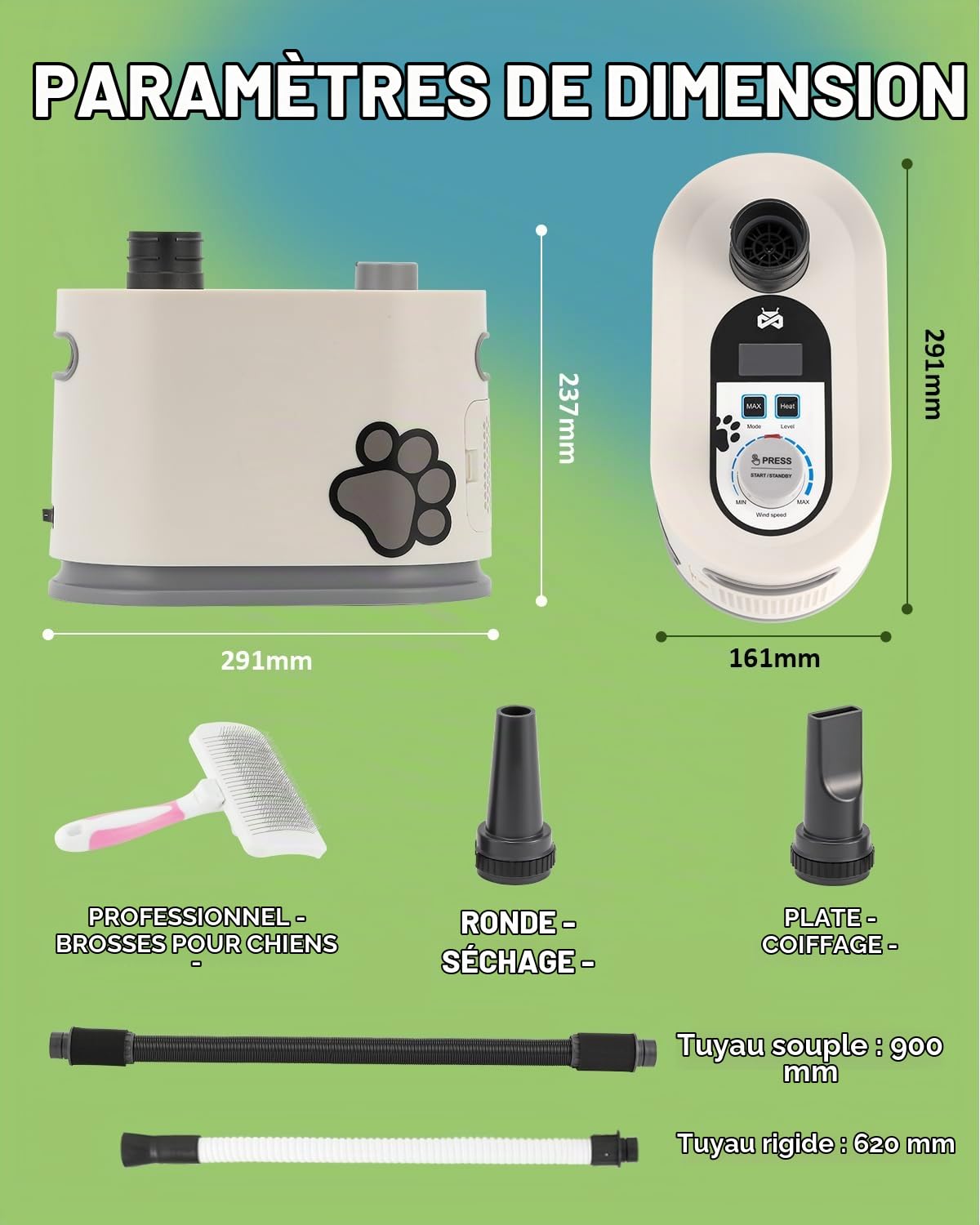Mxmoonant 2000W 2 in 1 Sèche-Cheveux Professionnel pour Chiens | Vitesse et Température Réglables Écran LED avec Un Tuyau Dur réglable Librement et Un Tuyau Souple Normal