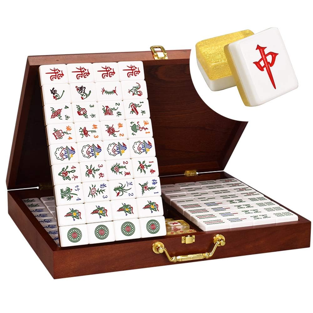 Mahjong - Juego de azulejos acrílicos y caja de madera para entretenimiento en casa y noches de juegos familiares