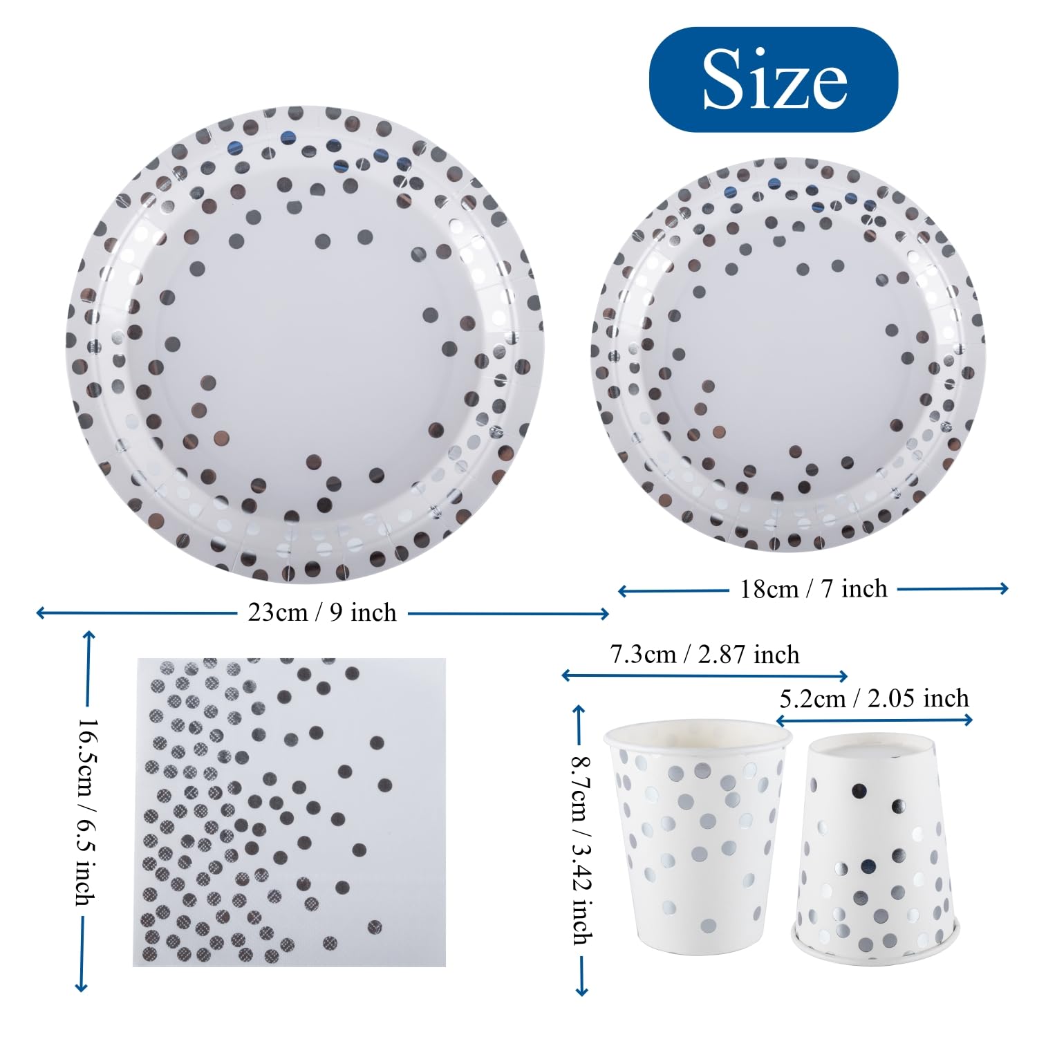 Ceiliwen Set Stoviglie per Feste con Puntini Argento per 25 Ospiti - Piatti di Carta da 22,9 cm e da 19,1 cm Bianchi e Argento, Bicchieri, Tovaglioli - Stoviglie Eleganti per Matrimonio, Anniversari